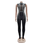 Women's Glittery Rhinestones Gymnastics Jumpsuit Sheer Mesh Patchwork Mock Neck Long Sleeve Dance Rompers One-piece Bodysuit