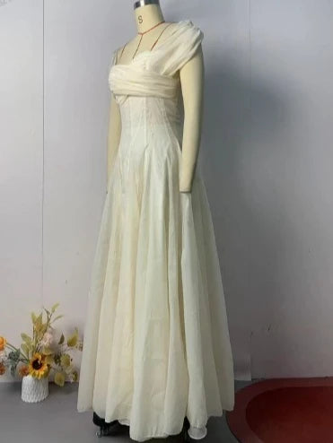 Elegant French Ruched High Waist Sleeveless Long Formal Evening Dress