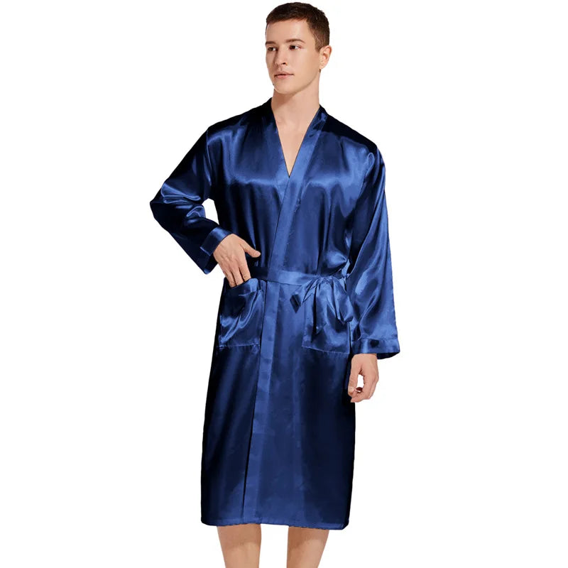 Men Long Bathrobe Sleepwear Navy Blue Silk Satin Bridegroom Wedding Robe Kimono Gown Spring Summer Home Clothes Loungewear