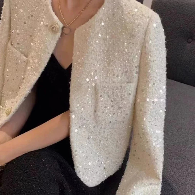 Chic Sequins Sweet Tweed Jacket Women Fall Elegant Long Sleeve Slim Coat Korean Fashion O Neck Design Female All Match New Tops