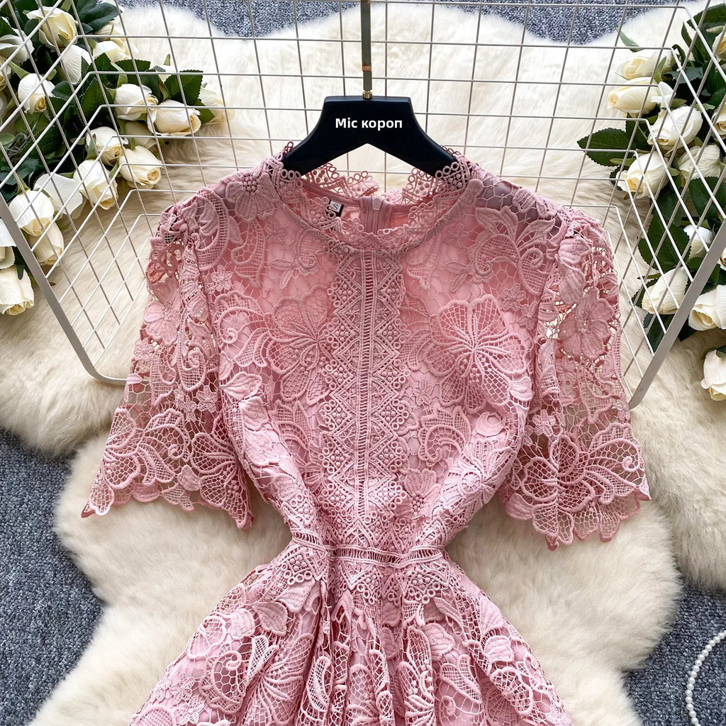 Ele Hollow out Lace ort Sve Dr Women's Summer Slimming A-Line Gown High Waist Korean Sle Commute Suitable