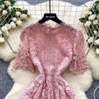 Ele Hollow out Lace ort Sve Dr Women's Summer Slimming A-Line Gown High Waist Korean Sle Commute Suitable