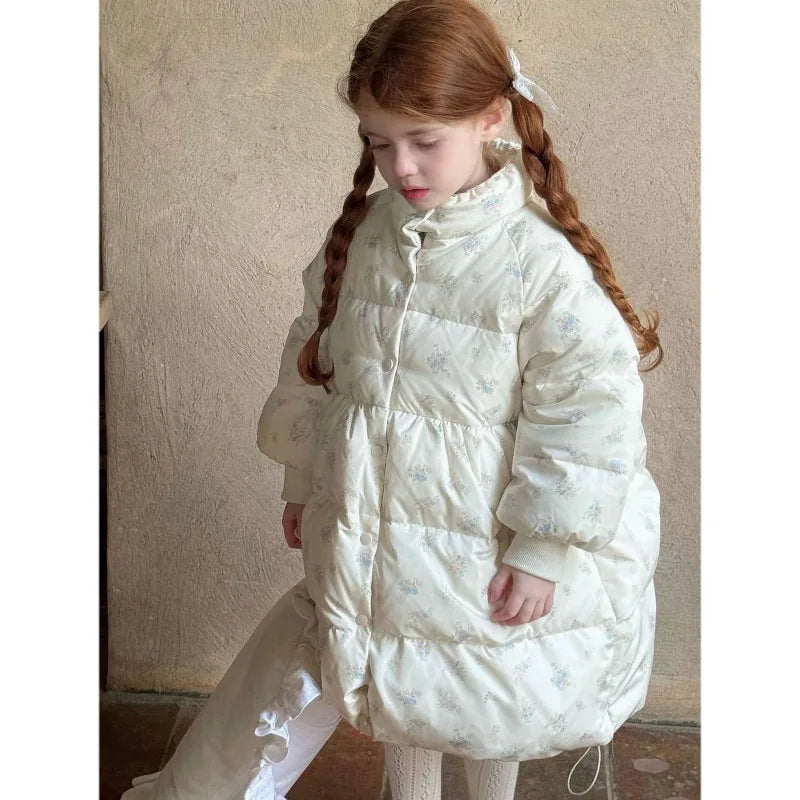 2025 Winter New Down Coat Korean Fashion Princess Floral Print Warm Cotton-padded Outerwear Kids Casual Sweetheart Parkas