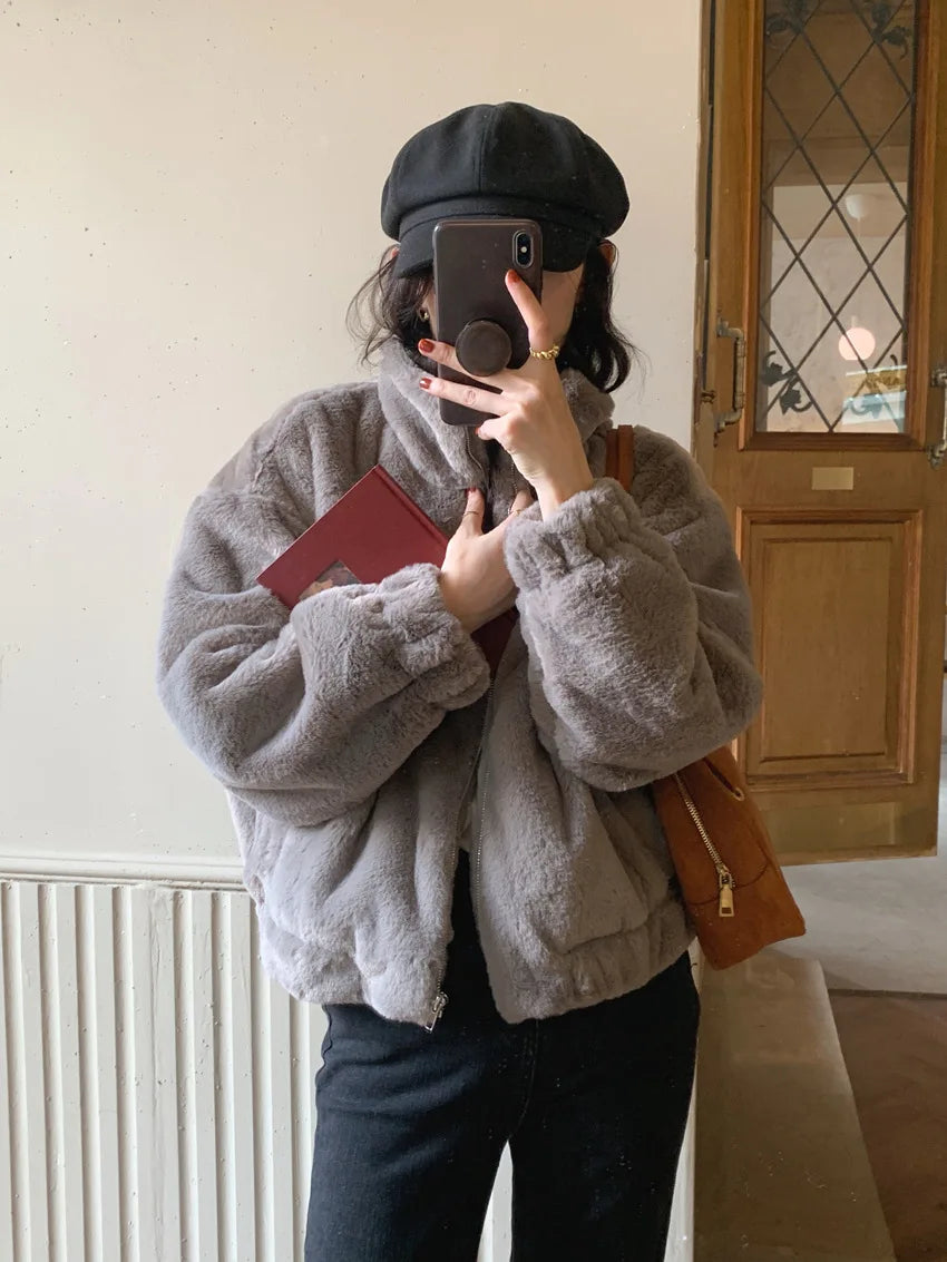 Women Autumn Winter Thicken Warm Coat Stand-Collar Loose Fur Plush Zipper Jacket Soft Comfortable Casual Simple Solid Outerwear