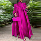 Elegant Evening Dress VONDA Women Pleated Stand Collar Long Sleeve Satin Party Sundress Autumn Casual Solid Loose Robe Vestidos