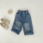 New autumn clothing for babies aged 0-3, with bow printed denim pants for baby girls, fashionable