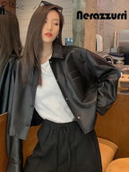 Nerazzurri Spring Autumn Brown Short Soft Pu Leather Jacket Women Long Sleeve Pocket Loose Casual Korean Fashion Clothing 2025