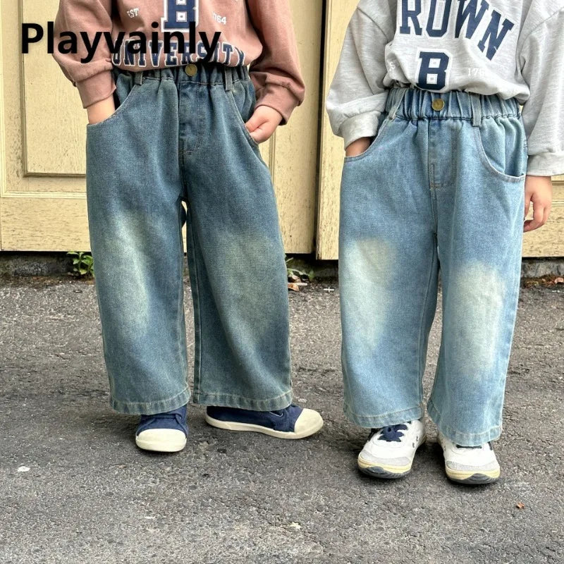 Children Wide Leg Jeans Spring Autumn Boy and Girl Elastic Waist Straight Leg Denim Pants Kids Casual Versatile Trousers A40056