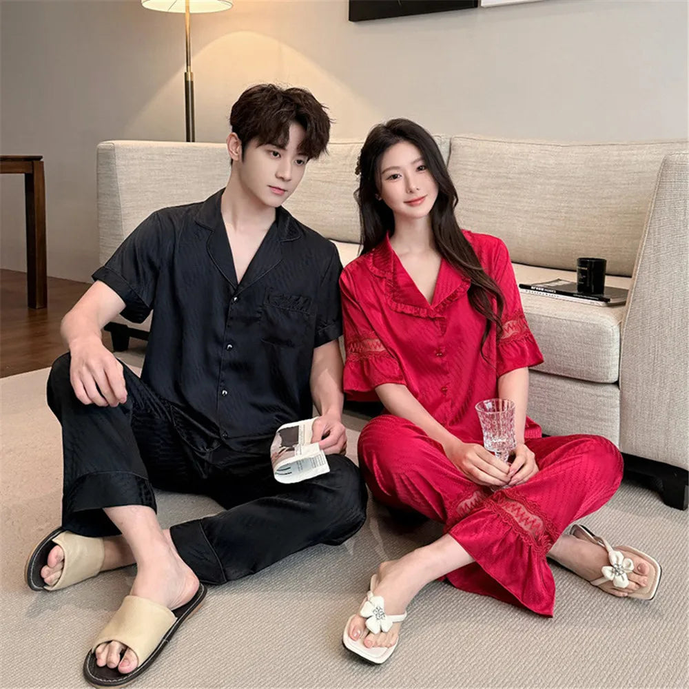 Women Men Pajamas Short Sleeved Shirt Trousers Ice Silk Sleepwear