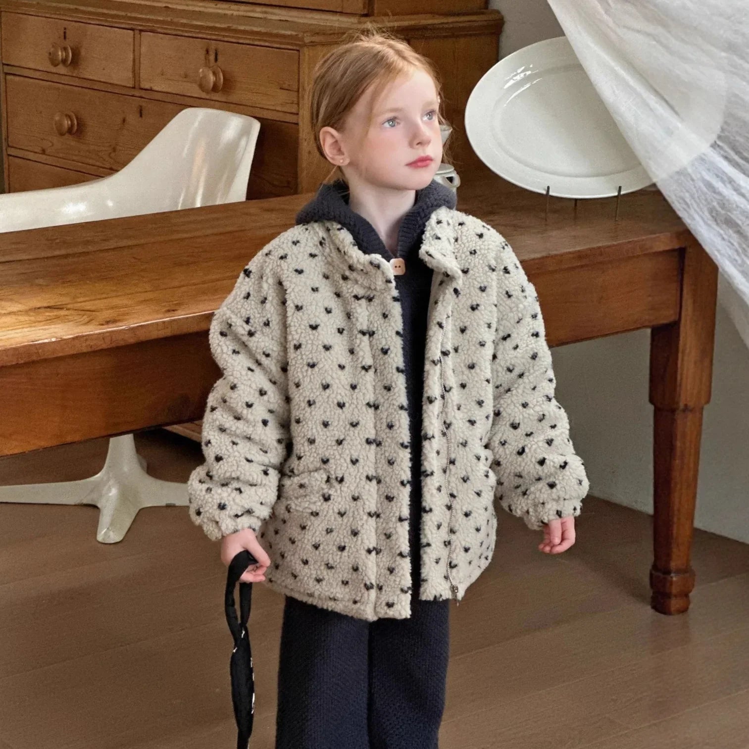 Winter Children Girls Woolen Coat Thicken Warm All Print Kid Baby Girl Fuffy Jackets Loose Padded Velvet Toddler Girls Outerwear