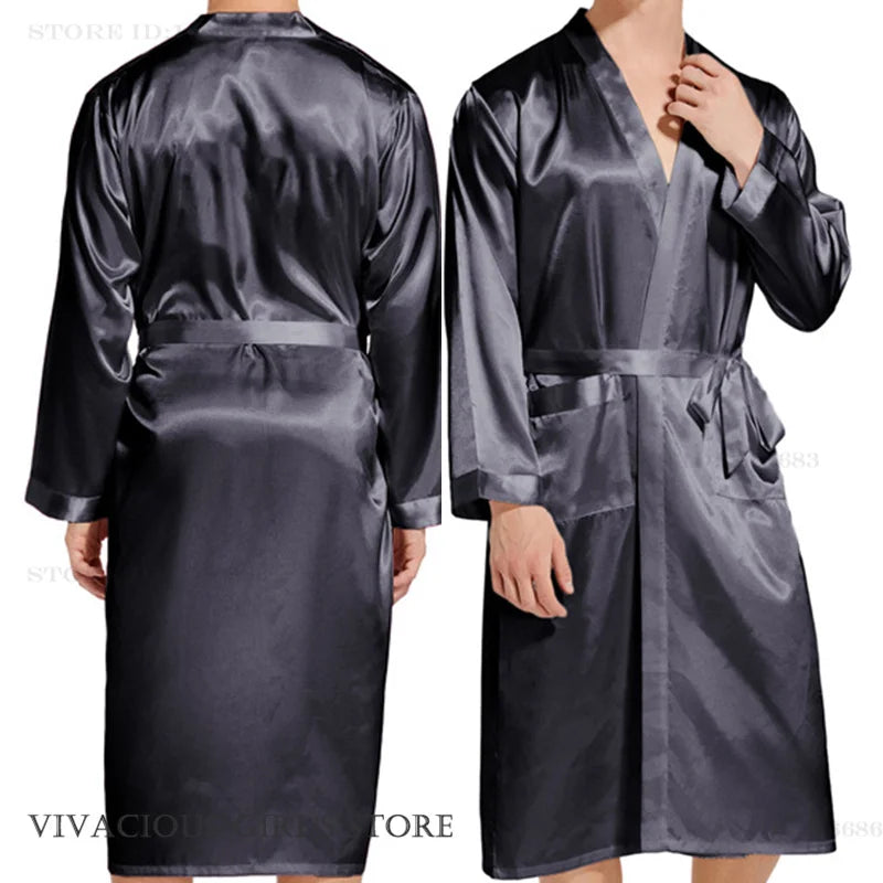 Men Long Bathrobe Sleepwear Navy Blue Silk Satin Bridegroom Wedding Robe Kimono Gown Spring Summer Home Clothes Loungewear