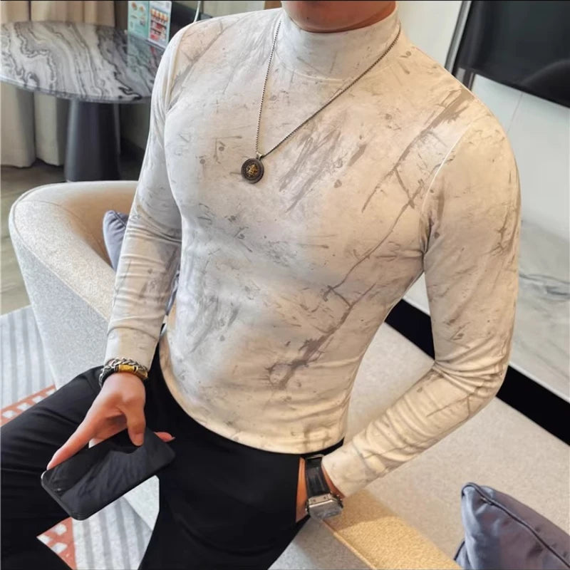 Men Tie-Dye Long-Sleeve T-Shirt | Half-High Collar Base Layer Trendy Versatile Casual Wear 95% Cotton Breathable  Sweat-wicking
