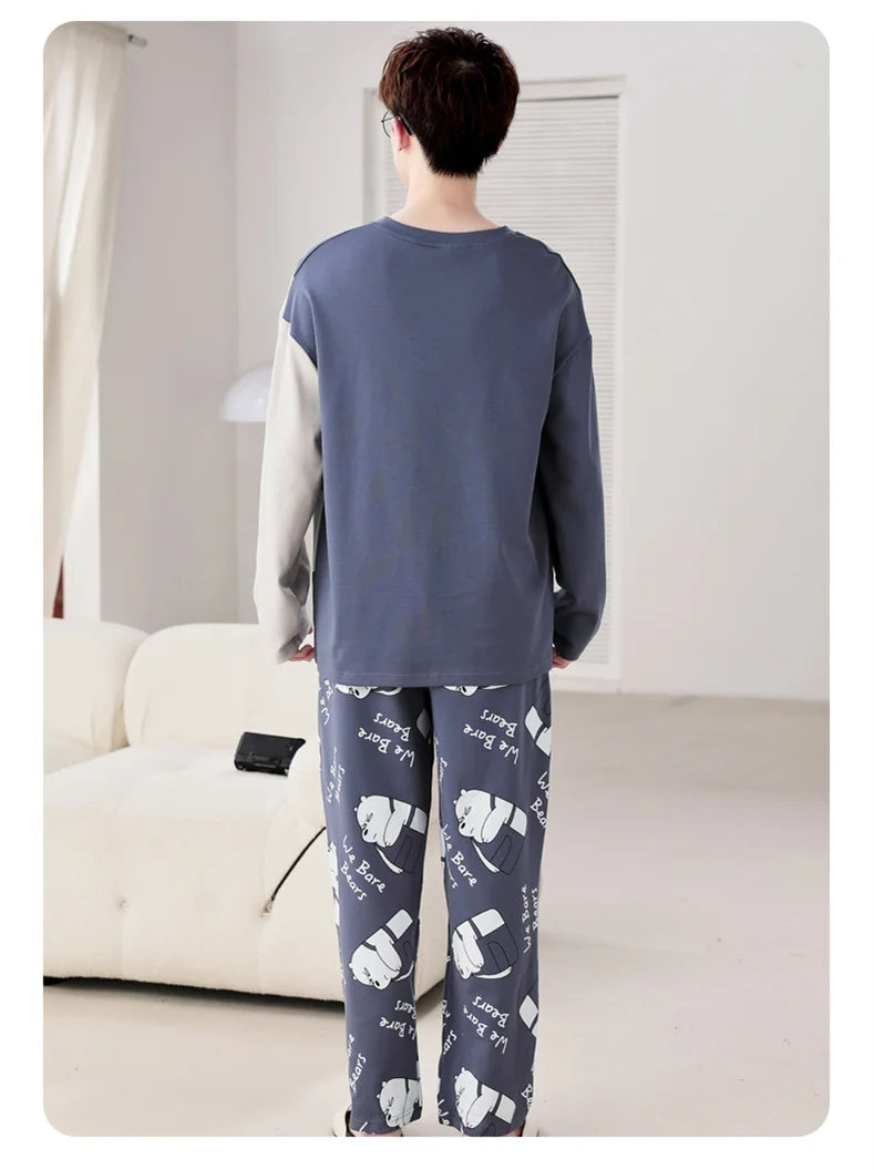 Men's Pajamas Spring Autumn 100% Cotton Youth Pajamas Student Suits Fashionable Sweet Cartoon Home Clothes For Men