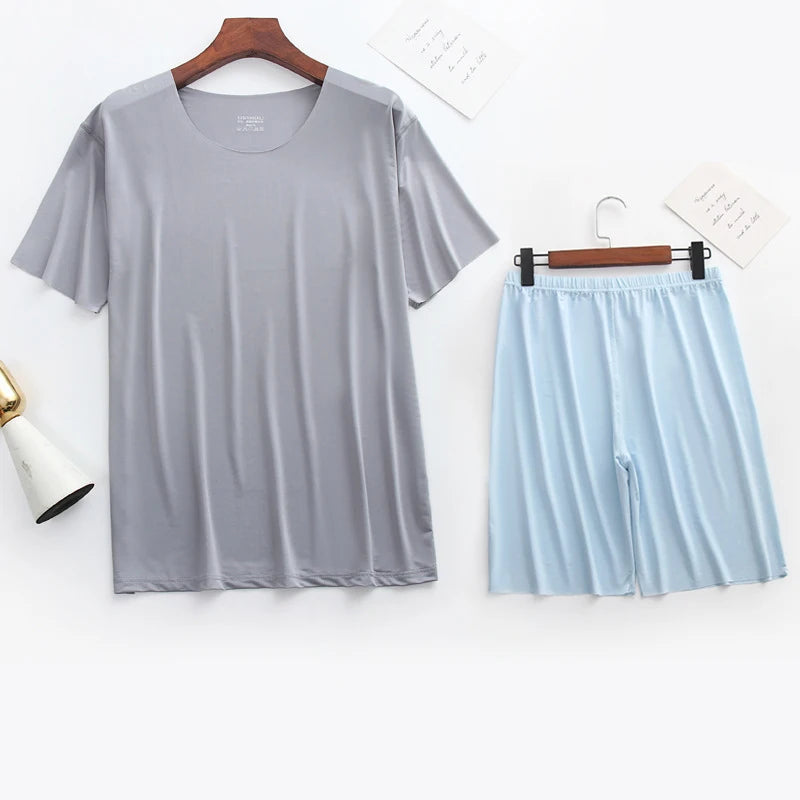 Men Ice Silk Pajamas Solid Shirt & Pants 2Pcs Pijamas Sleep Set Casual Male Home Clothes Summer Pyjamas Sleepwear Nightwear Suit