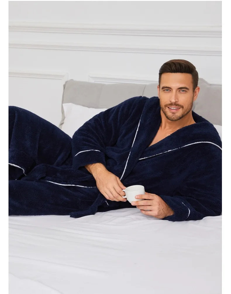 Men's Autumn/Winter New Style Comfortable Cotton Flannel Robe Luxury Open-Front Couples Robe Men's Warm Bathrobe Nightwear