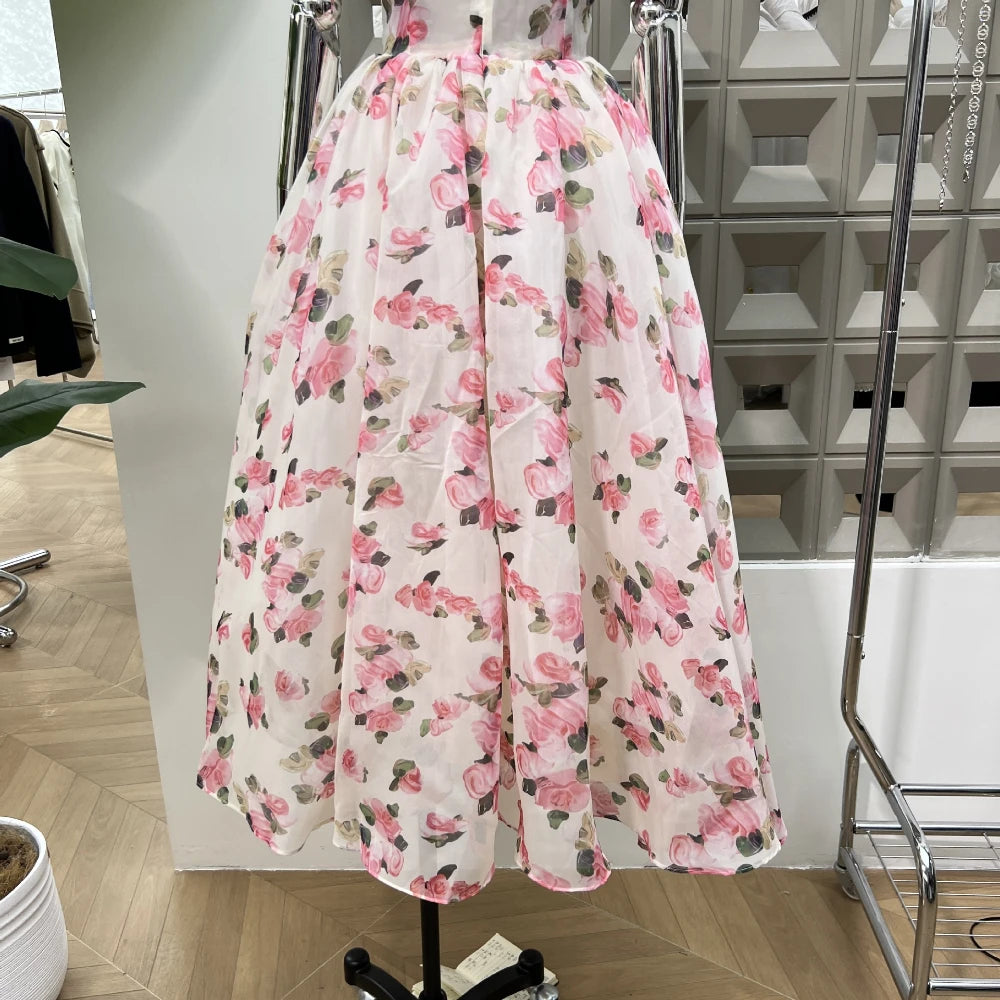 Summer New Women Retro Printed A-line Strap Dress With High Waist Wrinkled Long Dresses Beach Party Birthday Celebrity Gown