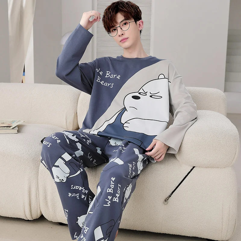 Men's Pajamas Spring Autumn 100% Cotton Youth Pajamas Student Suits Fashionable Sweet Cartoon Home Clothes For Men