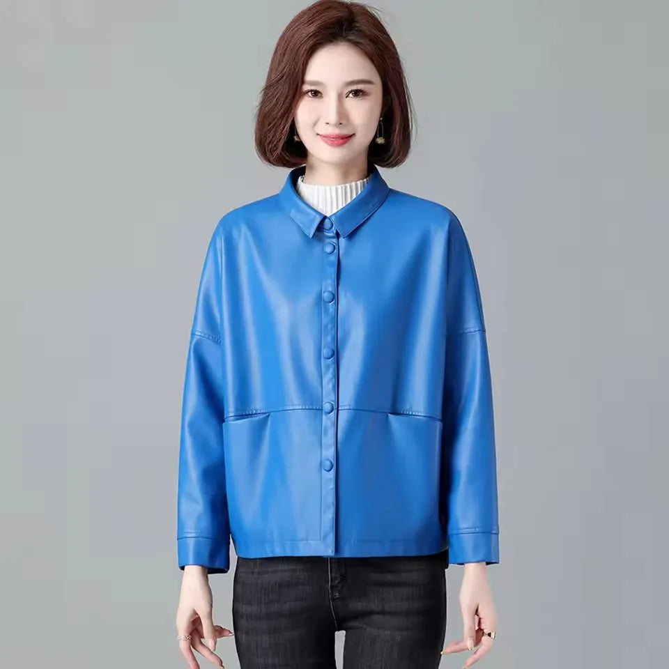 New Women Casual Loose Leather Jacket Spring Autumn Fashion Turn-down Collar Single Breasted Short Leather Motorbike Jacket