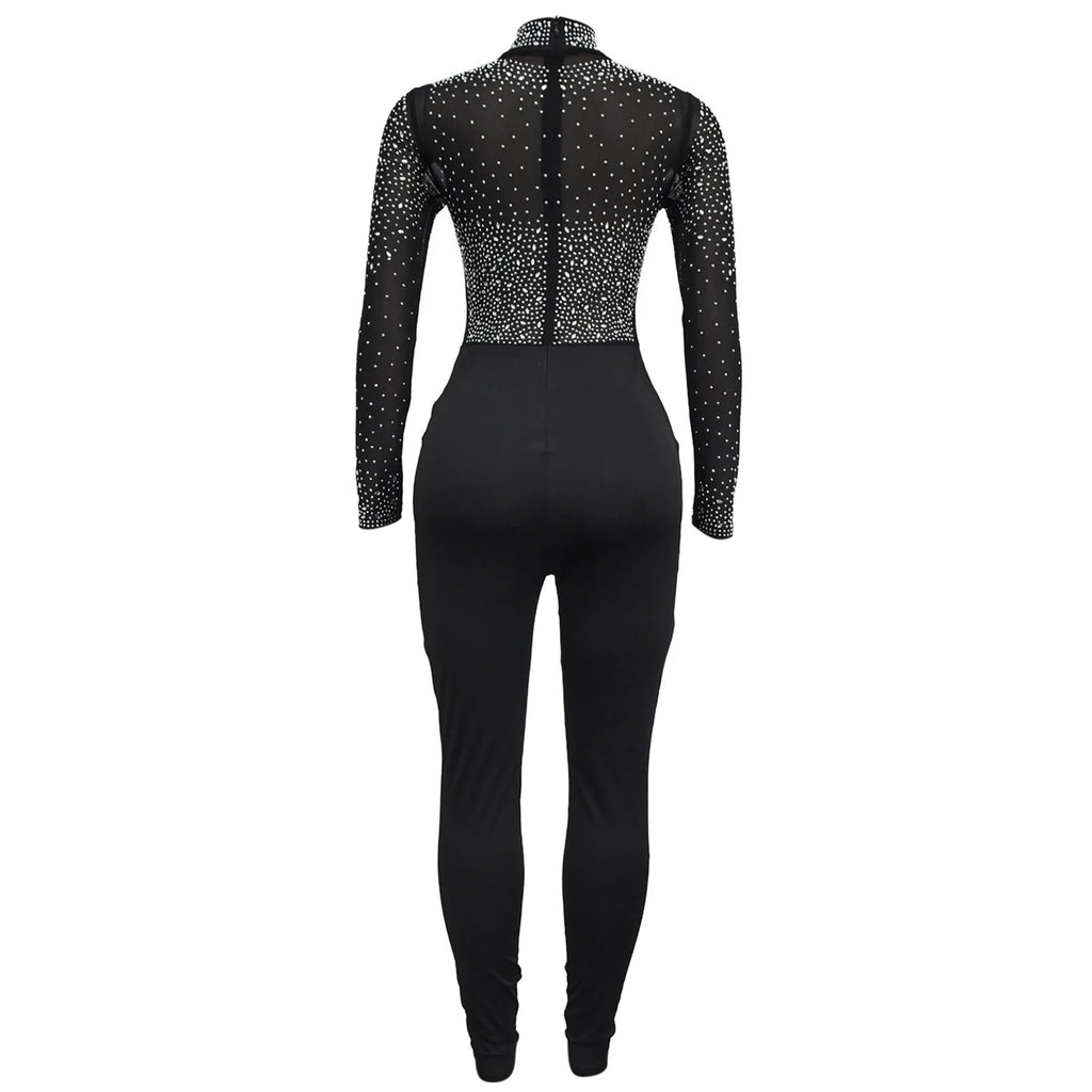 Women's Glittery Rhinestones Gymnastics Jumpsuit Sheer Mesh Patchwork Mock Neck Long Sleeve Dance Rompers One-piece Bodysuit