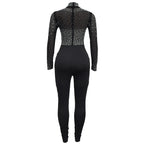 Women's Glittery Rhinestones Gymnastics Jumpsuit Sheer Mesh Patchwork Mock Neck Long Sleeve Dance Rompers One-piece Bodysuit