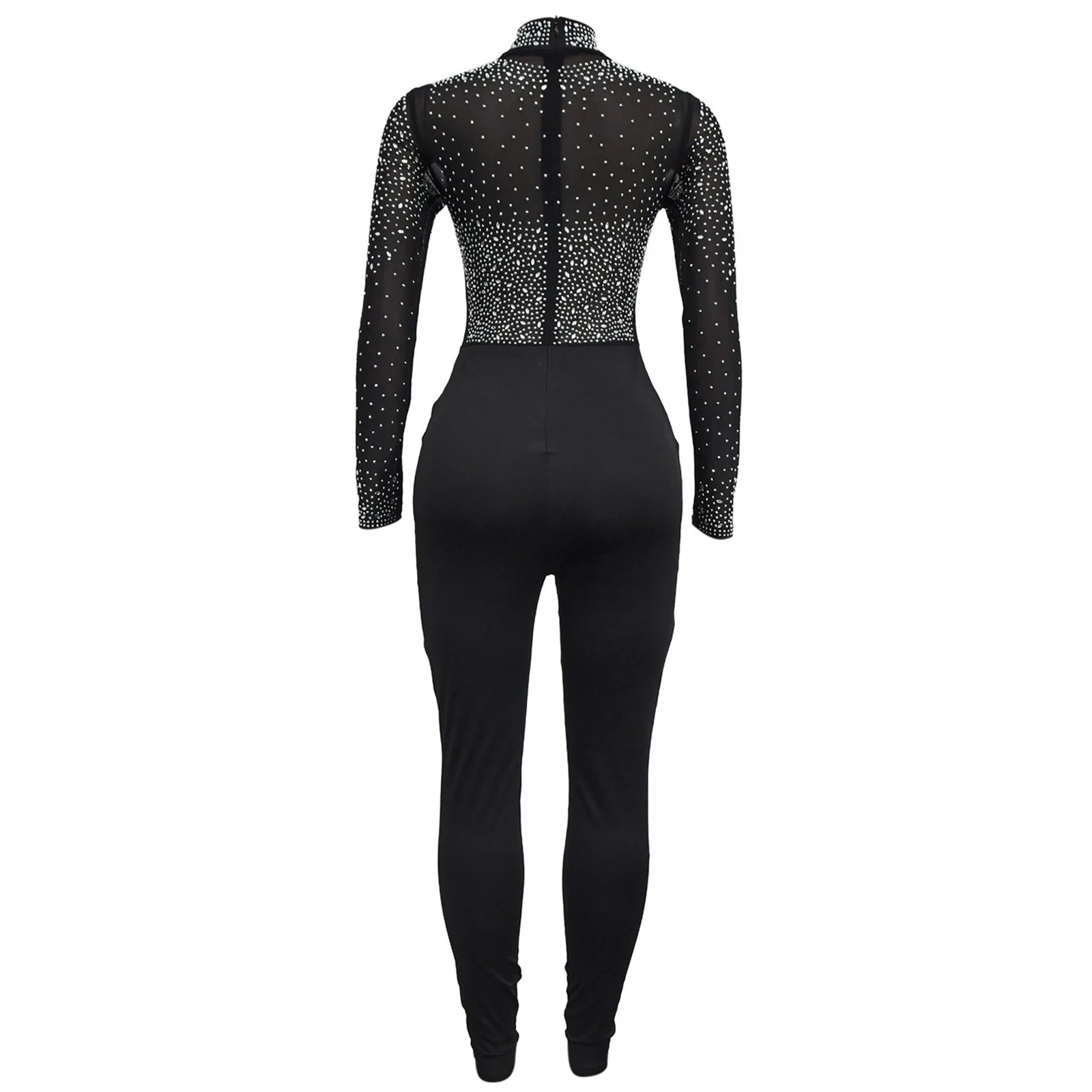 Women's Glittery Rhinestones Gymnastics Jumpsuit Sheer Mesh Patchwork Mock Neck Long Sleeve Dance Rompers One-piece Bodysuit