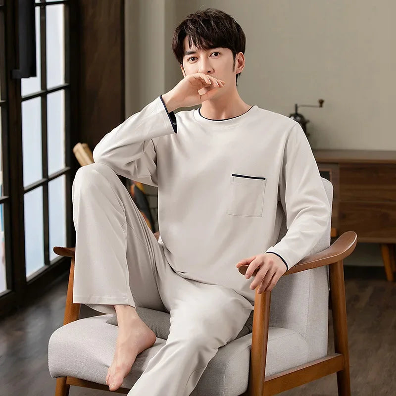 Fashion Lounge Pajamas Sets Men's Spring New Long-sleeved Tops with Trousers Cotton Homewear Comfort Simple Sleepwear Two Pieces