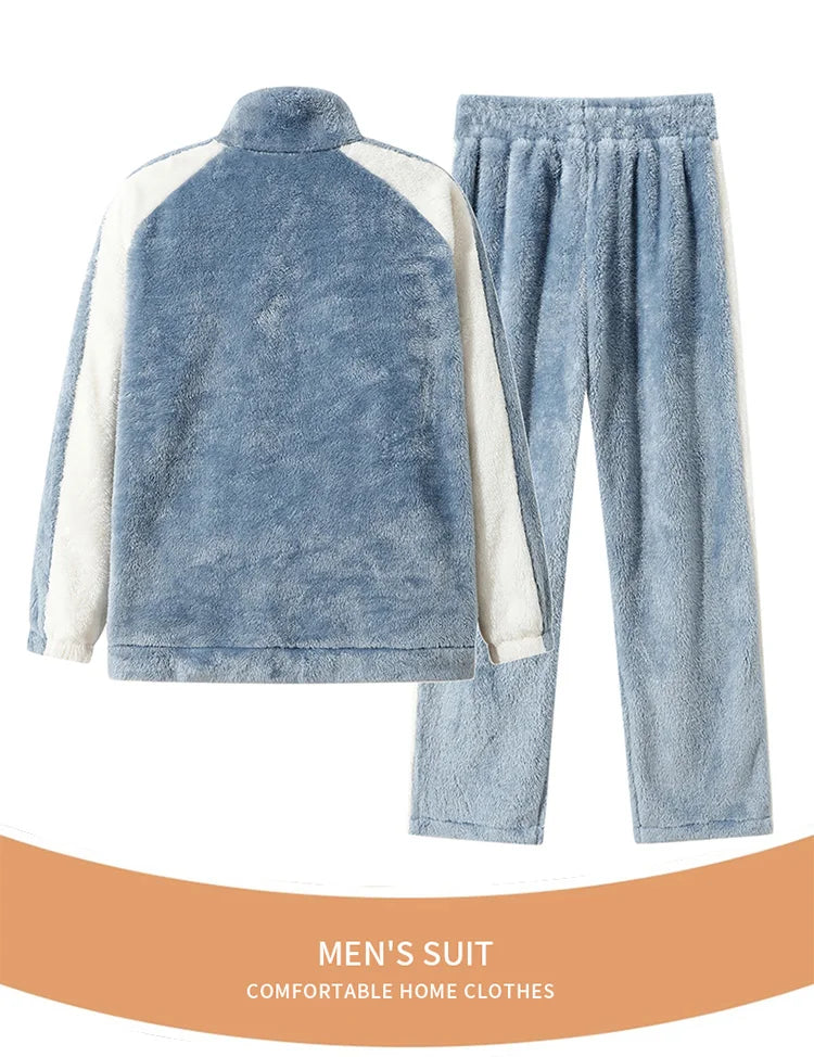 Men's Pajamas made of coral fleece, Plus Size 8XL, spliced, square collar, long sleeves, long pants, warm Sleepwear Set