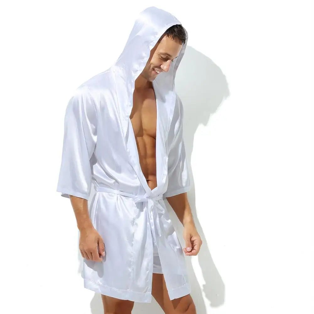 Sexy Sleepwear Men Robes Bathrobes Soft Silky Short Sleeve Nightgown Mens Homewear Dressing Gown Male Pajamas (No shorts)