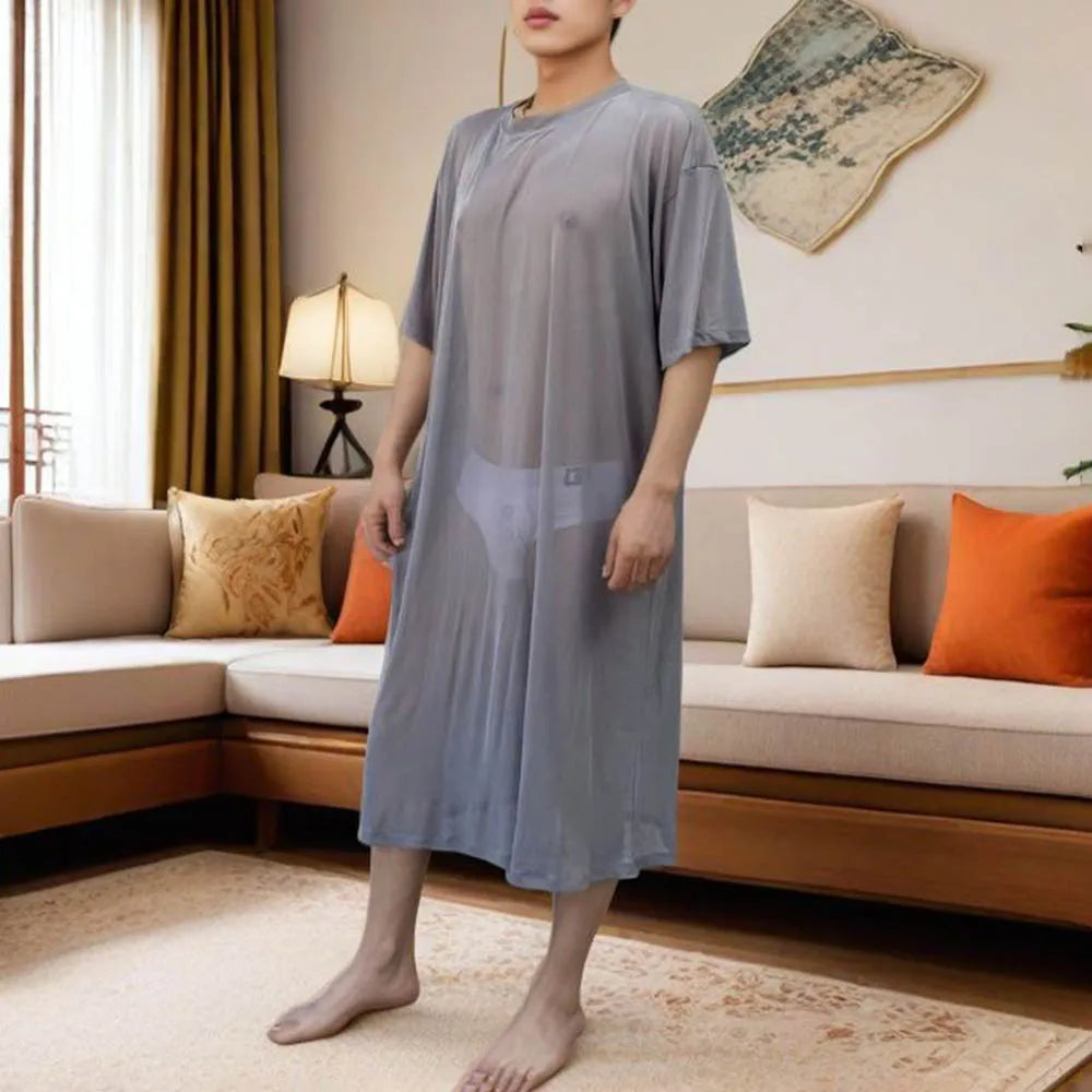 Men's Solid Color Mesh Transparent Short-Sleeved Robe Sexy Retro Fashion Trend Loose Casual Breathable Summer New Men's Tops