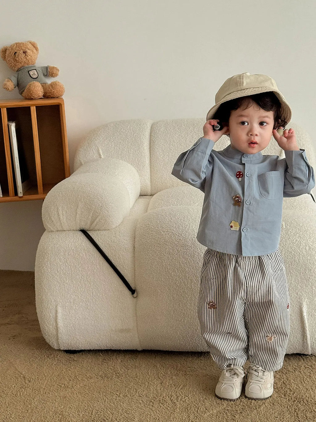 2025 Fall New Toddler Kids Pants Cotton Cartoon Embroidered Harem Pants Baby Boy Casual Striped Denim Baggy Trousers