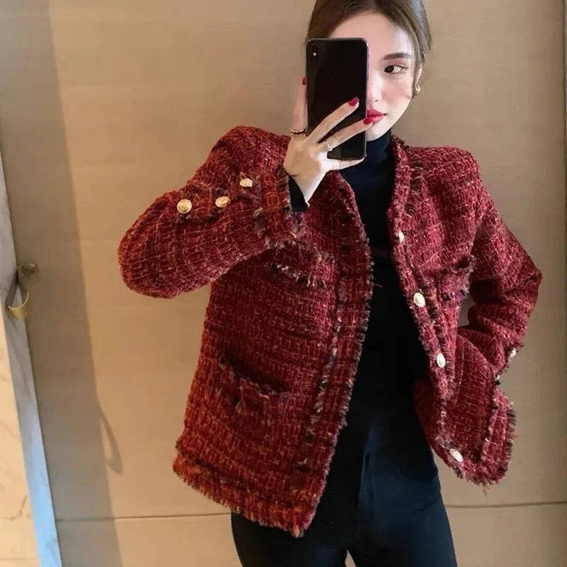 2023 Autumn New French High end Temperament Red Fragrant Coat Women's Short Thick Tweed OutwearFashion Women Slim Thicken Jacket