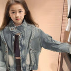 Cowgirl Streetwear Blue Denim Jacket Girl Harajuku Washed Distressed Jacket For Kids Child Gothic Punk Ripped Jeans Coat 5-14 T