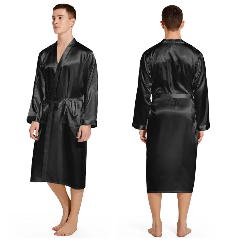 Men Long Bathrobe Sleepwear Navy Blue Silk Satin Bridegroom Wedding Robe Kimono Gown Spring Summer Home Clothes Loungewear