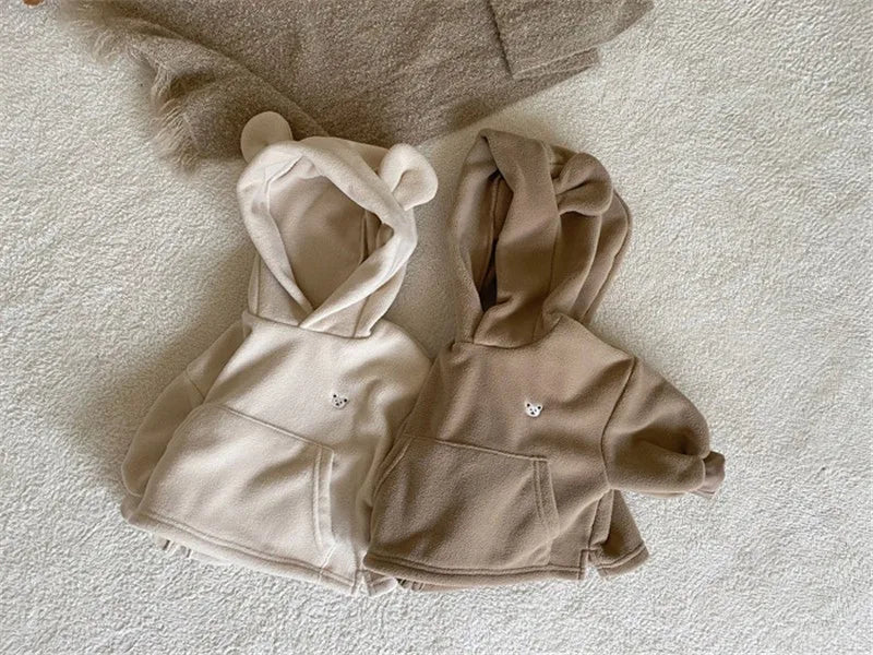 2024 Spring New Baby Boy Bear Hooded Sweatshirt Toddler Girls Cotton Clothes Embroidery Tops Kids Hoodies Outwear