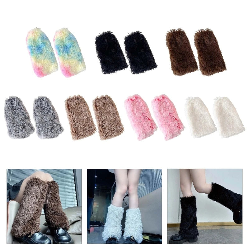 Colorful Furry Plush Leg Warmers Women Girl Winter Soft Thick Fuzzy Boot Cuffs Leg Sleeves Covers Footless Calf Socks Streetwear