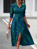 Elegant Random Print Button Down Shirt Dress Women's Long Sleeve Belted Waist Midi Dress Spring Fall Office Casual Dress