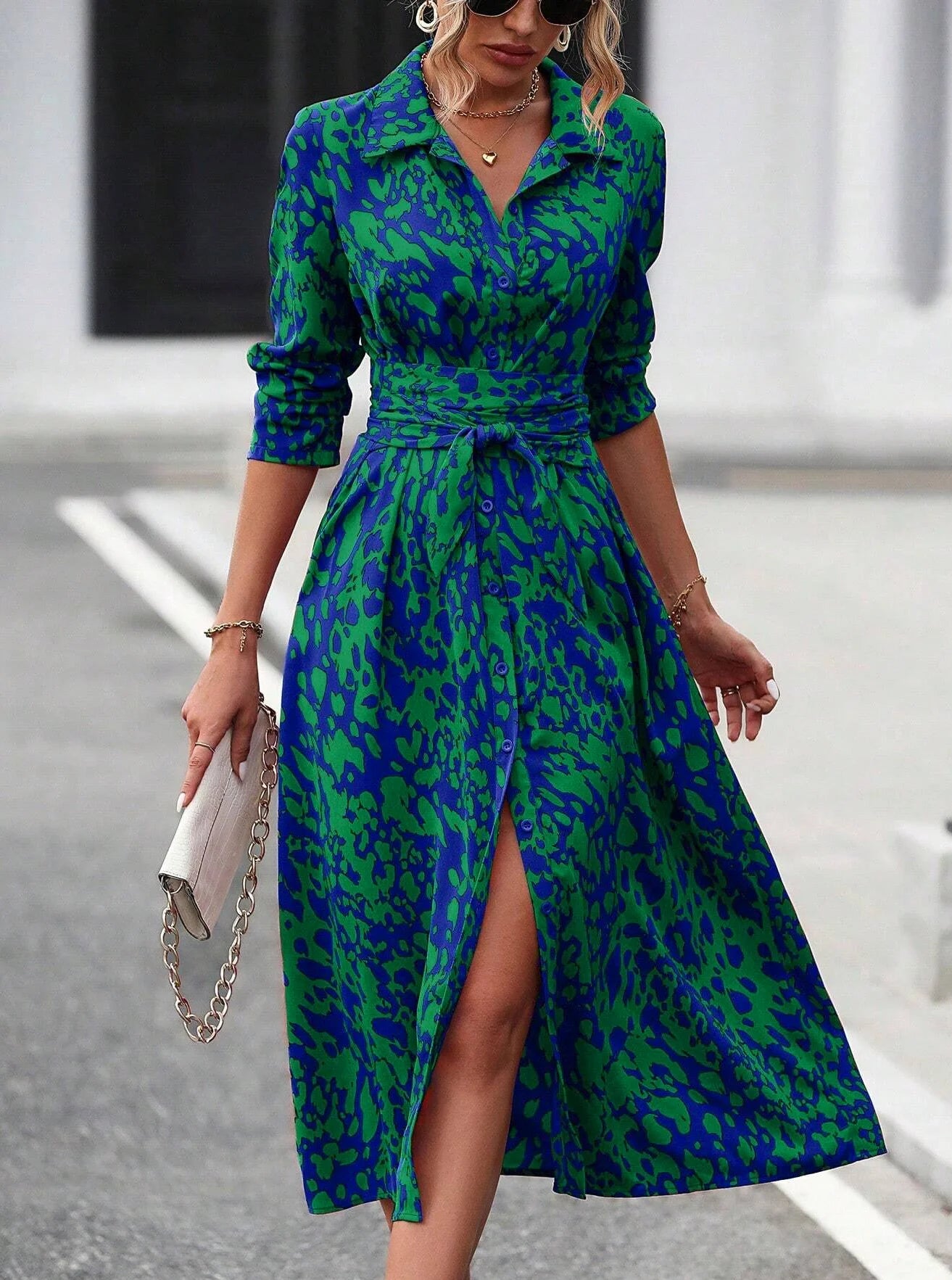 Elegant Random Print Button Down Shirt Dress Women's Long Sleeve Belted Waist Midi Dress Spring Fall Office Casual Dress