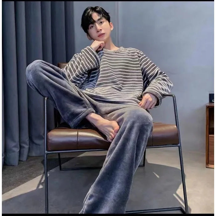 Winter Flannel Pajamas Set Men Korean Teen Students Striped Sleepwear Coral Fleece Pullover Trousers Pjs Set Homewear Loungewear
