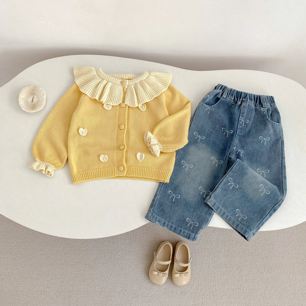 New autumn clothing for babies aged 0-3, with bow printed denim pants for baby girls, fashionable