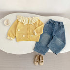 New autumn clothing for babies aged 0-3, with bow printed denim pants for baby girls, fashionable