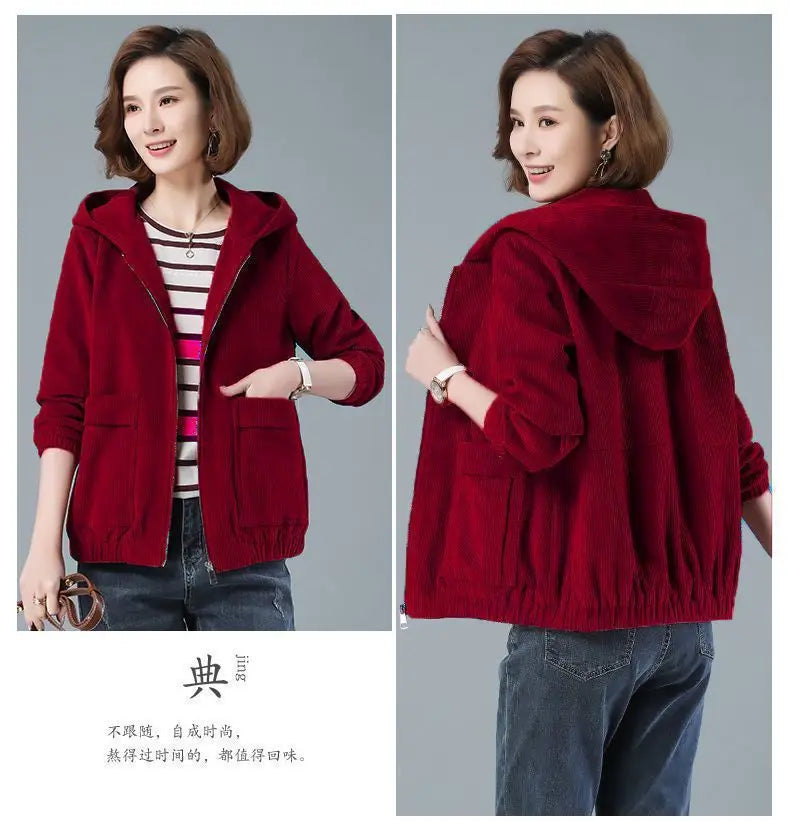 Corduroy Short Coat 5XL Women's 2025 Spring Autumn New Korean Loose Solid Hooded Jacket Fashion Casual Female Zipper Coat Tops