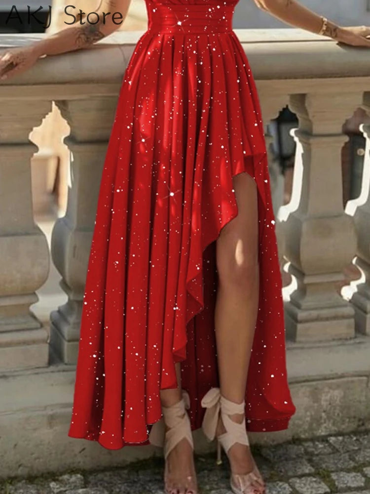 Women Sexy Glitter One Shoulder High Slit Maxi Party Dress