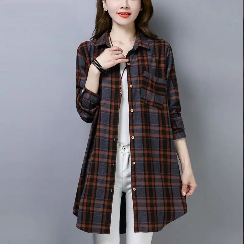Women's Plaid Shirt Mid-Length Loose Fit Korean Casual Plus Size Long Sleeve Autumn Tops