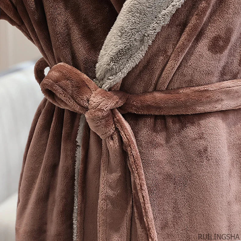 Men Winter Plus Size Long Flannel Bathrobe Warm Coral Fleece Kimono Bath Robe Night Cozy Sleepwear Women Jacquard Dressing Gown