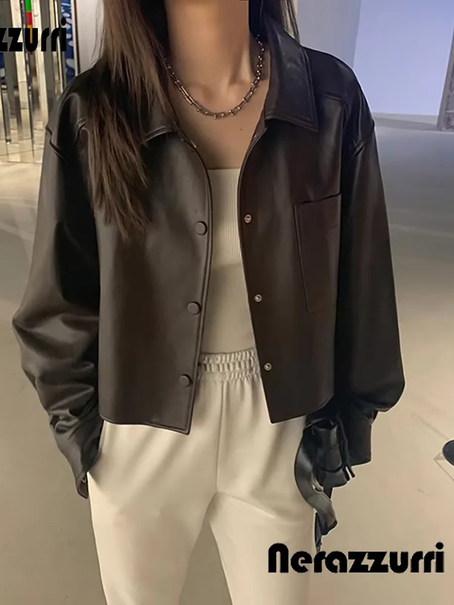 Nerazzurri Spring Autumn Brown Short Soft Pu Leather Jacket Women Long Sleeve Pocket Loose Casual Korean Fashion Clothing 2025