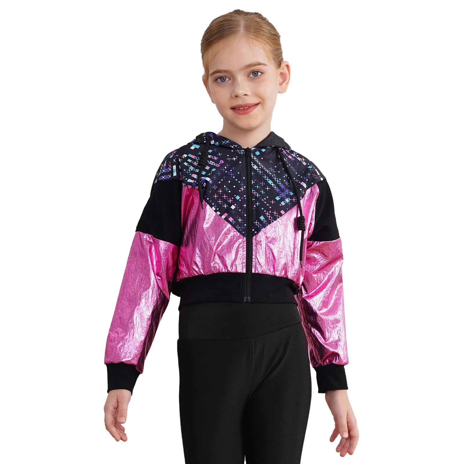 Girls Fashion Print Short Jacket Casual Coat Hooded Tops Long Sleeve Zipper Jacket Outerwear Jazz Dance Performance Costume
