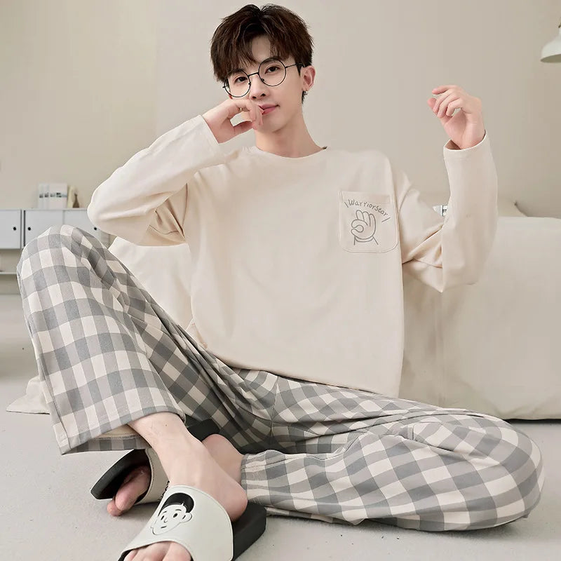 Men's Pajamas Spring Autumn 100% Cotton Youth Pajamas Student Suits Fashionable Sweet Cartoon Home Clothes For Men