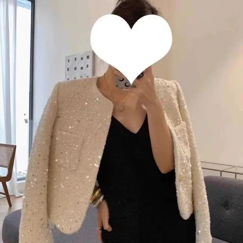 Chic Sequins Sweet Tweed Jacket Women Fall Elegant Long Sleeve Slim Coat Korean Fashion O Neck Design Female All Match New Tops