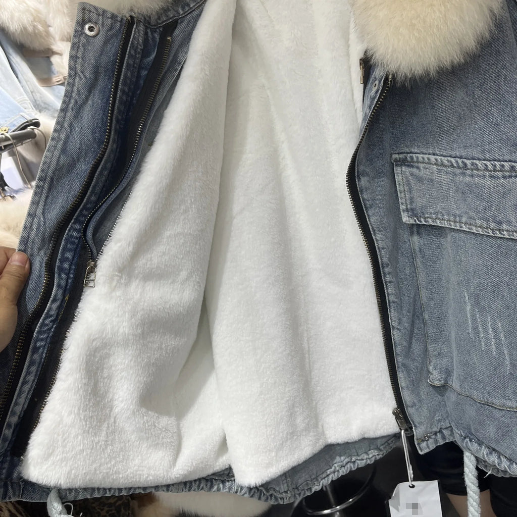 Fox Fur Denim Jacket for Women Fleece-Lined and Thickened Winter 2025 New Korean Style Loose Fit Batwing Sleeve Cotton Coat