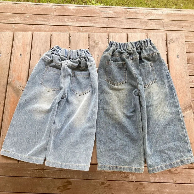 Children Wide Leg Jeans Spring Autumn Boy and Girl Elastic Waist Straight Leg Denim Pants Kids Casual Versatile Trousers A40056